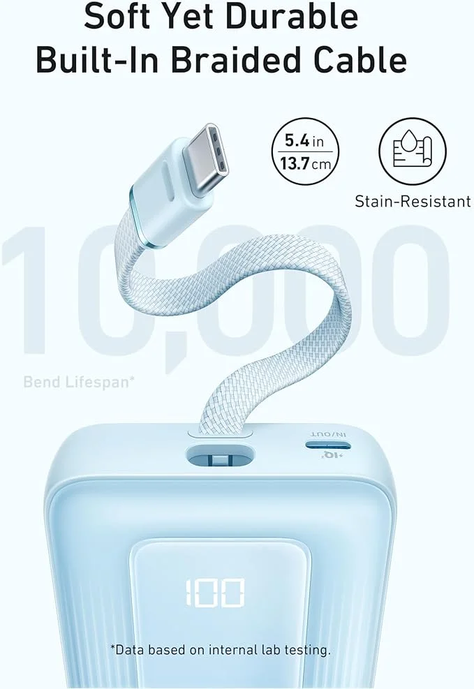 Anker Zolo Power Bank, 20000mAh, 30W Fast Charging, Built-in Type-C Cable, Blue, A1689H31