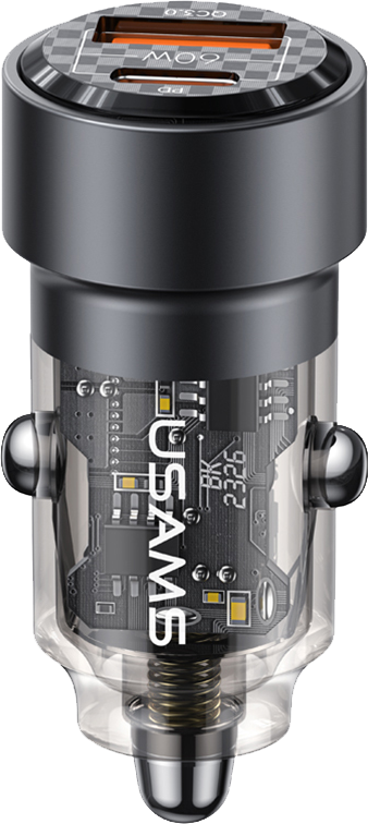 USAMS C39 Car Charger, 60W Fast Charging, Type-C Port and USB-A Port, Transparent Charger, Black, CC208CC01