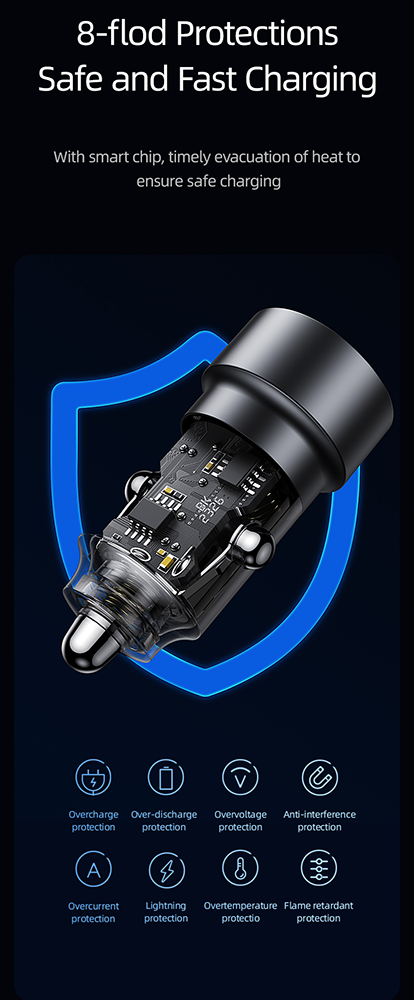 USAMS C39 Car Charger, 60W Fast Charging, Type-C Port and USB-A Port, Transparent Charger, Black, CC208CC01