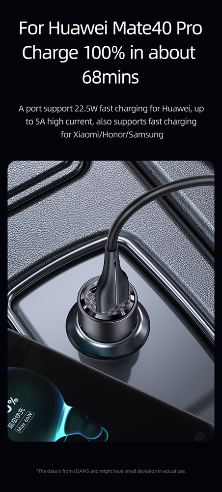 USAMS C39 Car Charger, 60W Fast Charging, Type-C Port and USB-A Port, Transparent Charger, Black, CC208CC01