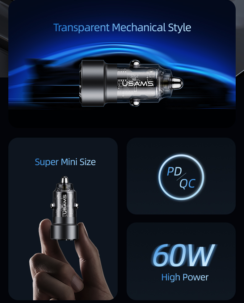 USAMS C39 Car Charger, 60W Fast Charging, Type-C Port and USB-A Port, Transparent Charger, Black, CC208CC01