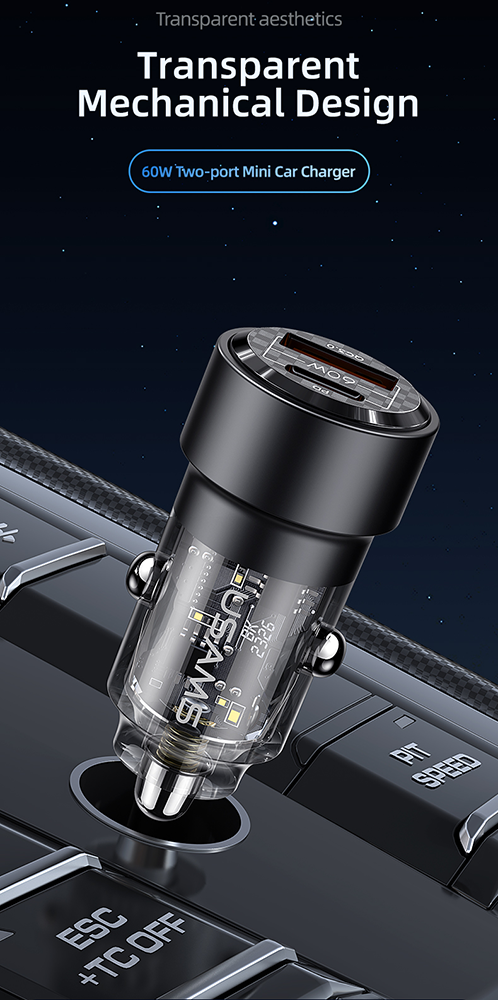 USAMS C39 Car Charger, 60W Fast Charging, Type-C Port and USB-A Port, Transparent Charger, Black, CC208CC01