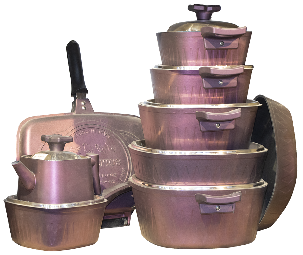 Turkish Square Titanium Cookware Set, 16 Pieces, Purple