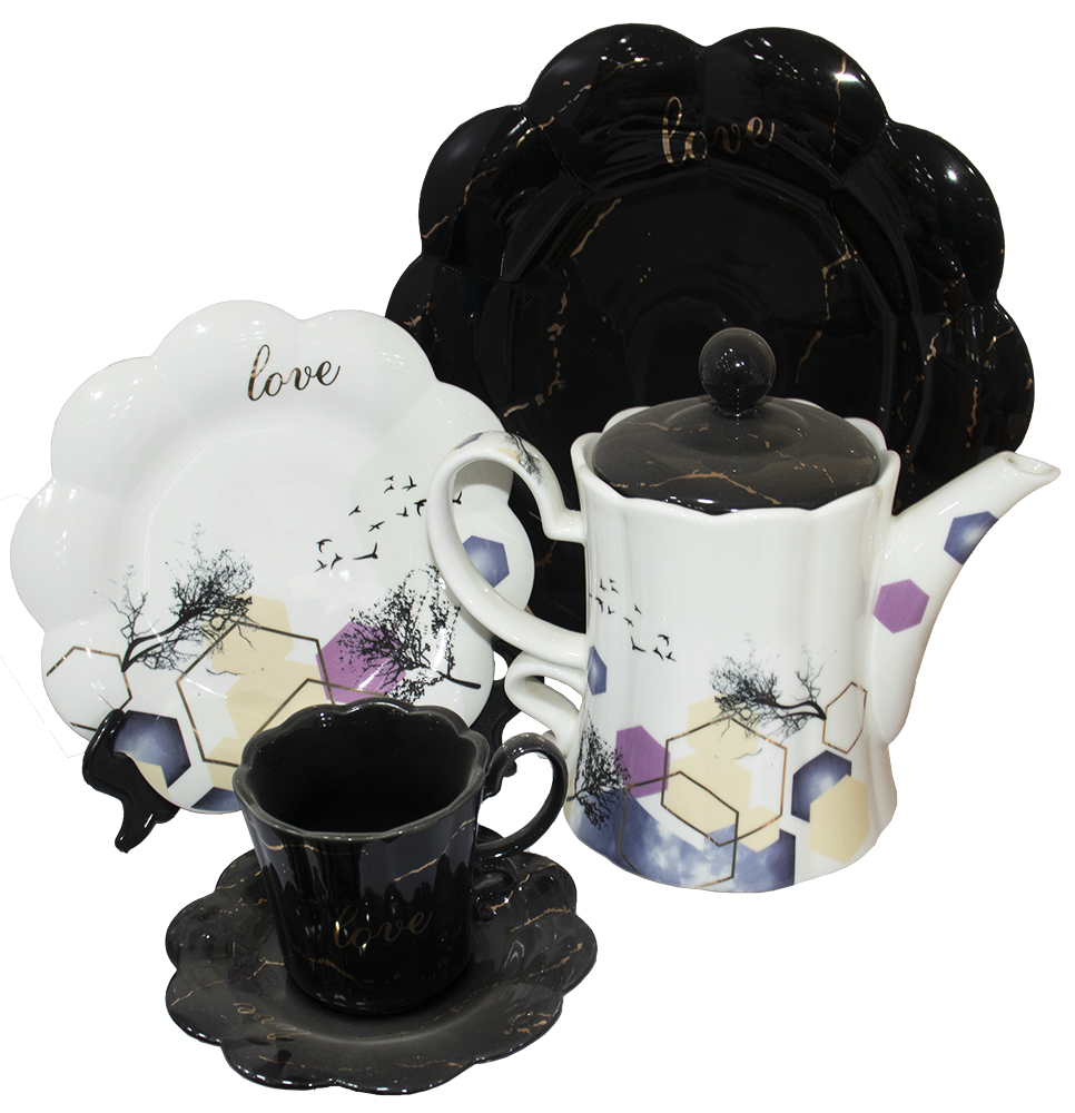 طقم شاي وجاتوه الفيروز، 24 قطعة ، أسود في ابيض