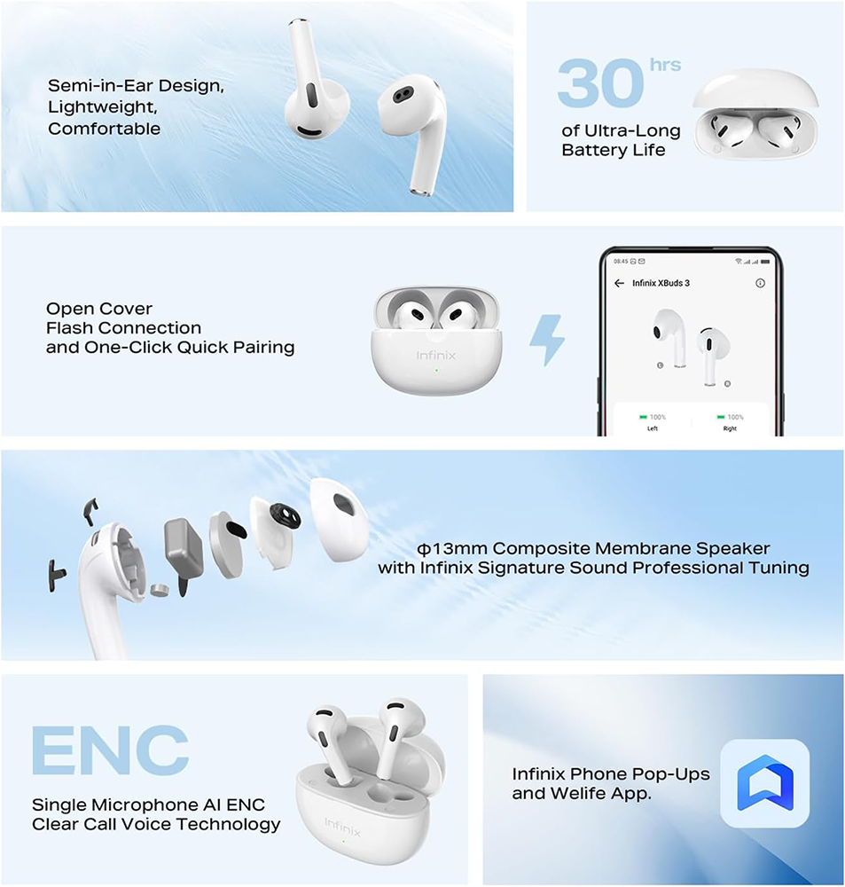 سماعات أذن لاسلكية انفينيكس XBuds 3، بلوتوث V5.3، مقاومة للماء، خاصية إلغاء الضوضاء، أبيض,XE31