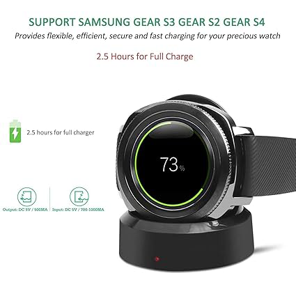 قاعدة شحن لاسلكية لساعة سامسونج الذكية اس 2, اس3 , اس 4 ، منفذ usb-a، قاعدة مانعة للأنزلاق، أسود