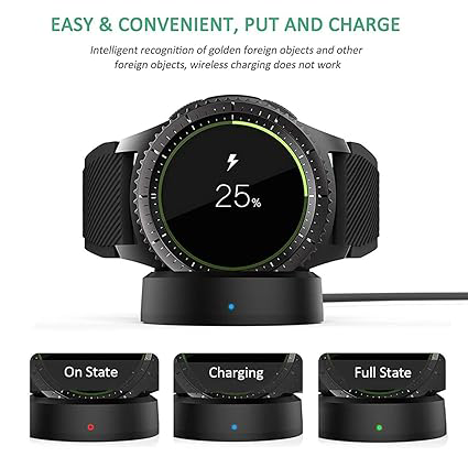 قاعدة شحن لاسلكية لساعة سامسونج الذكية اس 2, اس3 , اس 4 ، منفذ usb-a، قاعدة مانعة للأنزلاق، أسود