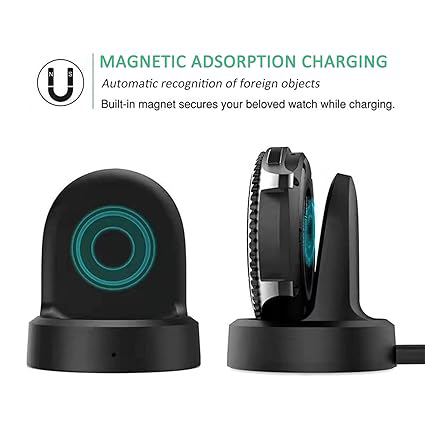 قاعدة شحن لاسلكية لساعة سامسونج الذكية اس 2, اس3 , اس 4 ، منفذ usb-a، قاعدة مانعة للأنزلاق، أسود