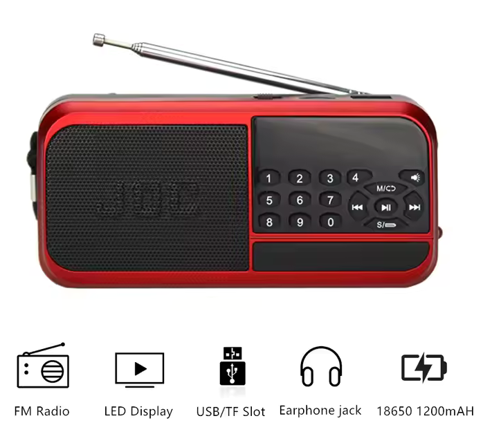 JOC Mini FM Radio, Rechargeable Battery, Bluetooth Support, LED Display, Headphone Jack, Red, H798