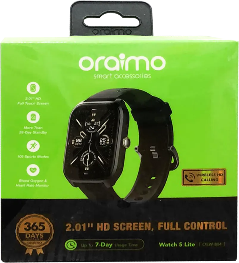 Oraimo Smart Watch 5 lite, 2.01 inch TFT Screen, Waterproof, Black, OSW-804