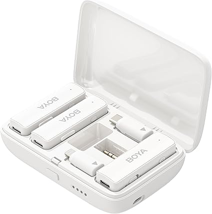 BOYA LINK all-in-one wireless microphone, noise cancellation, 100m range, dual-channel, 2.4GHz frequency, 3.5mm connector, Type-C, Lightning, white