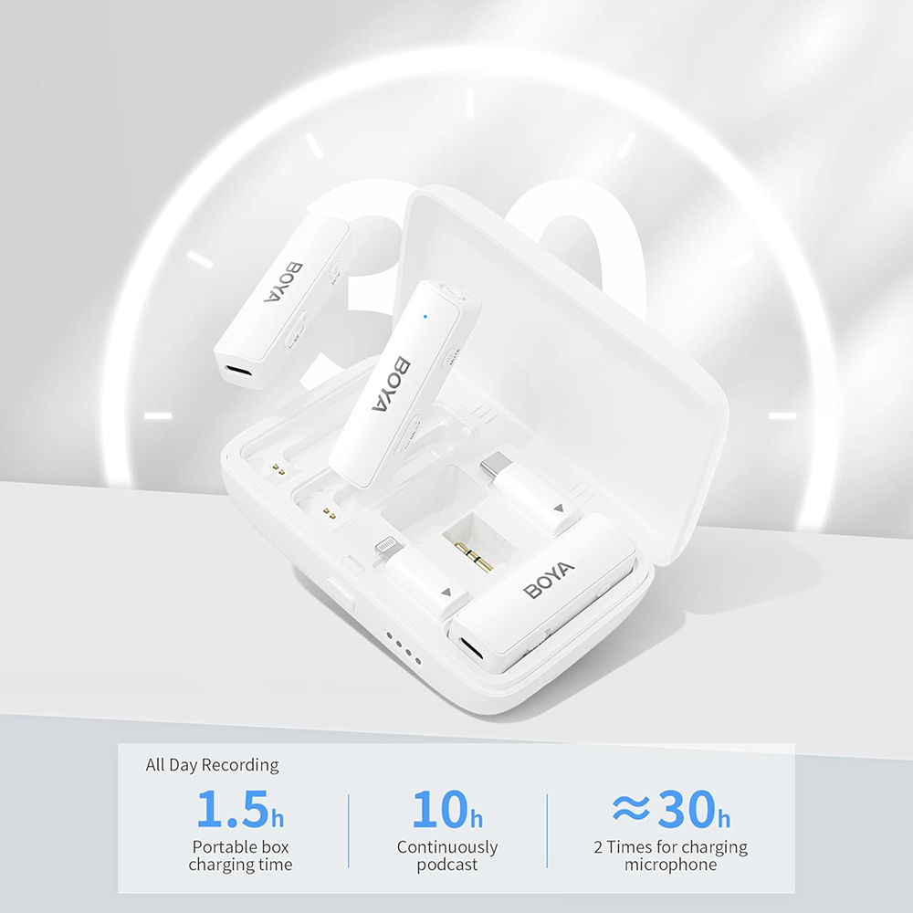 BOYA LINK all-in-one wireless microphone, noise cancellation, 100m range, dual-channel, 2.4GHz frequency, 3.5mm connector, Type-C, Lightning, white