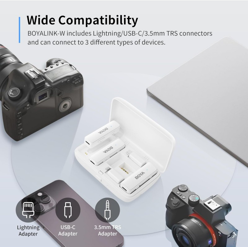 BOYA LINK all-in-one wireless microphone, noise cancellation, 100m range, dual-channel, 2.4GHz frequency, 3.5mm connector, Type-C, Lightning, white