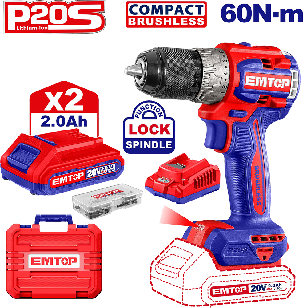 Emtop Brushless Drill, 20V, 60N, 2 Batteries, 13mm Chuck, ECDL20602