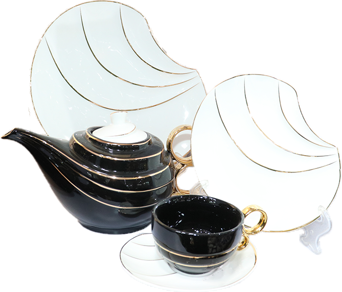 طقم شاي وجاتوه بورسلين، 24 قطعة، اسود في ابيض