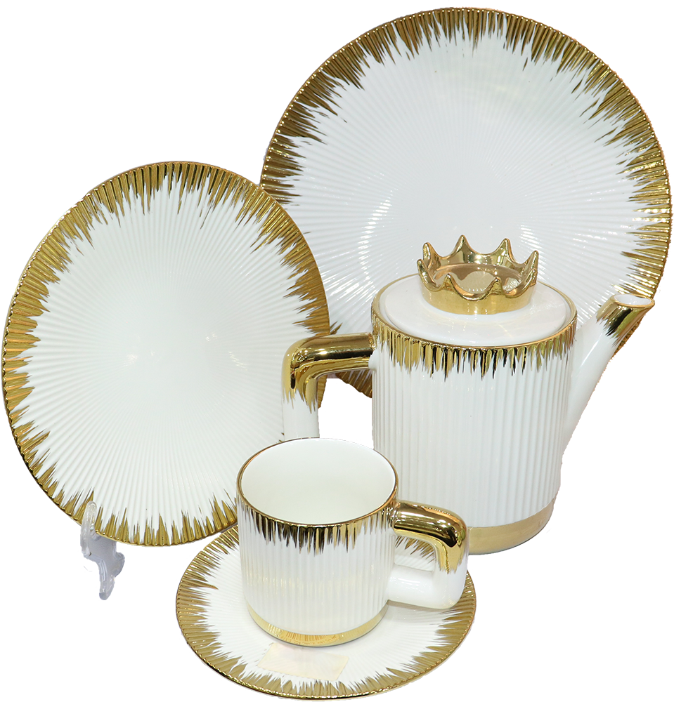 طقم شاي وجاتوه، 24 قطعة، بورسلين، أبيض مدهب