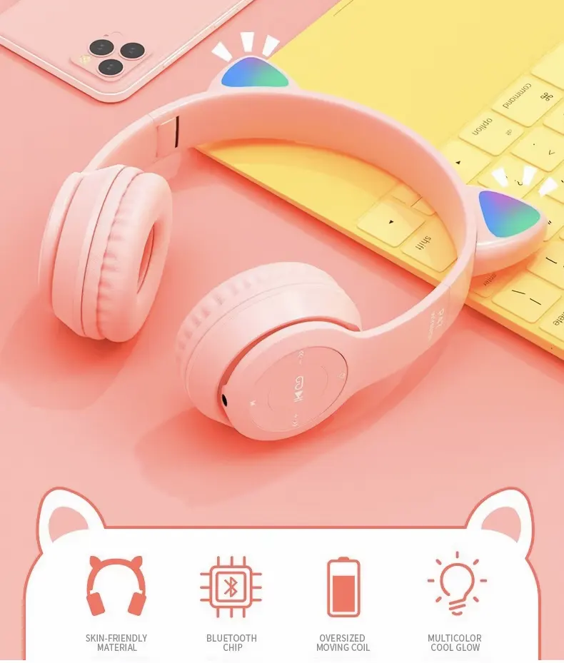 Wireless Bluetooth Headphone Cat Ears Design, Rechargeable, RGB LED Light, Multi Color, P47M