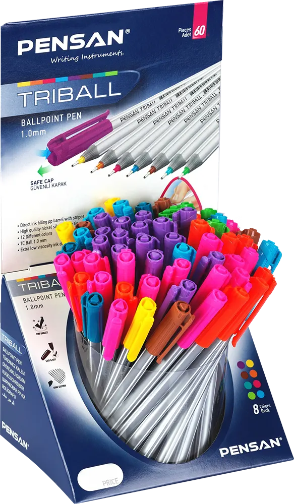 Pensan 1003 Ballpoint Pen, 1.0 mm Thickness, TRIBALL Opaque, Assorted Colors