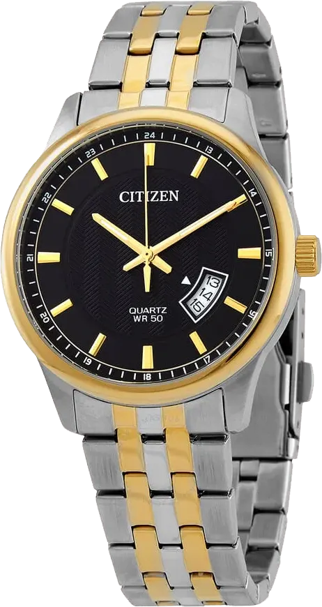 ساعة سيتيزن للرجال، ميناء أسود، عقارب دائرية، سوار ستانلس ستيل فضي*ذهبي، ساعة يد تناظرية، فضي*ذهبي، BI1054-80E