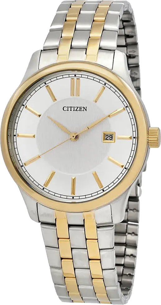 ساعة سيتيزن للرجال، ميناء فضي، عقارب دائرية، سوار ستانلس ستيل فضي*ذهبي، ساعة يد تناظرية، فضي*ذهبي، BF1054-55A
