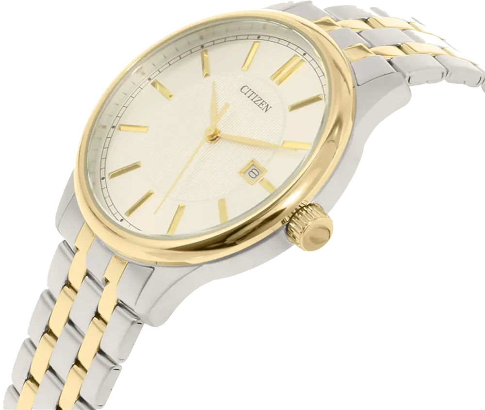 ساعة سيتيزن للرجال، ميناء فضي، عقارب دائرية، سوار ستانلس ستيل فضي*ذهبي، ساعة يد تناظرية، فضي*ذهبي، BF1054-55A
