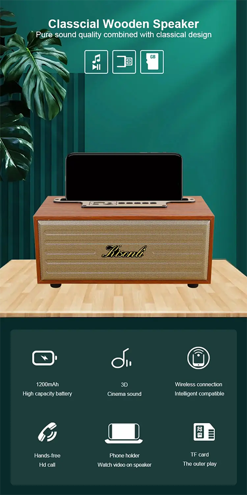 Kisonli Wireless Speaker, Bluetooth, Battery, AUX Port, Classic Design, Wooden, G12A