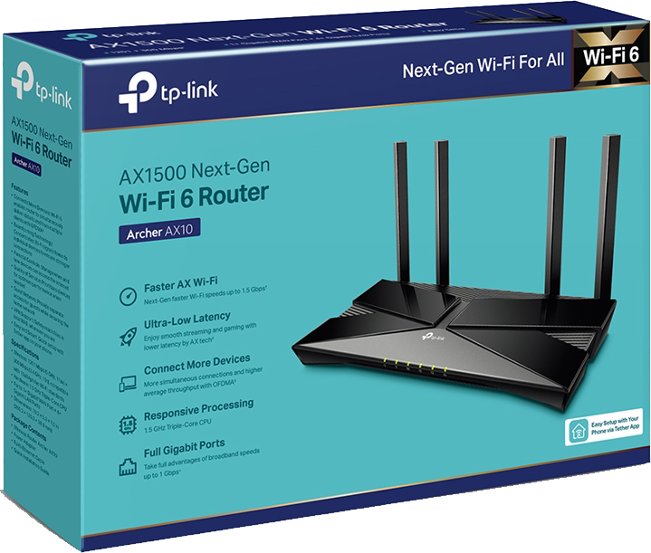 راوتر تي بي لينك آرتشر AX10 ، واي فاي 6، جيجابت ، ثنائي النطاق ، OFDMA ، MU MIMO ، يعمل مع Alexa ، أسود AX1500