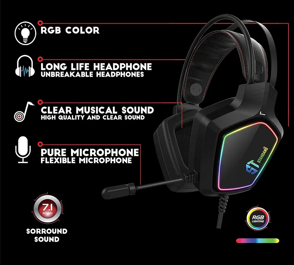 Standard Wired Gaming Headset, USB, Microphone, RGB Light, Black
