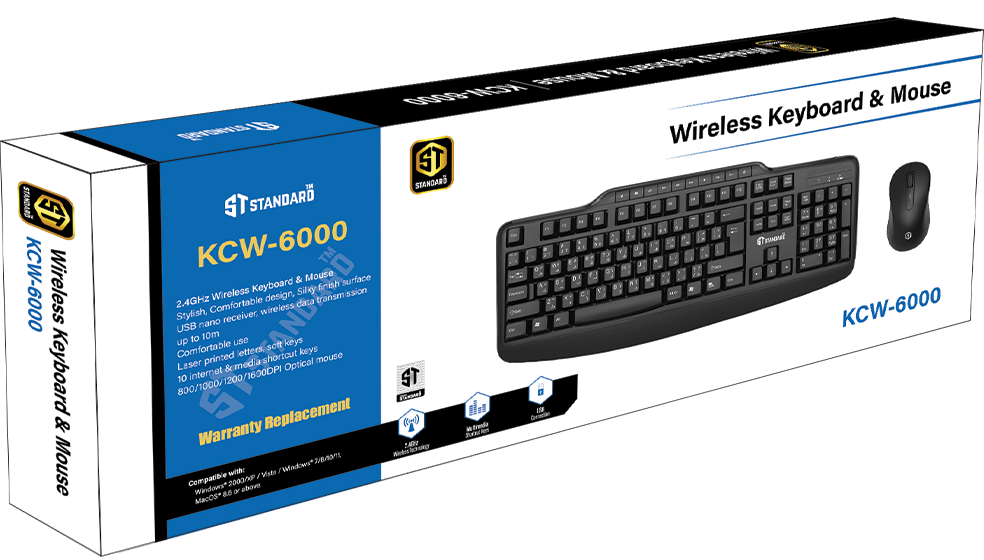 مجموعة لوحة مفاتيح وماوس لاسلكية ستاندرد، 2.4 جيجاهرتز، أسود، KCW-6000