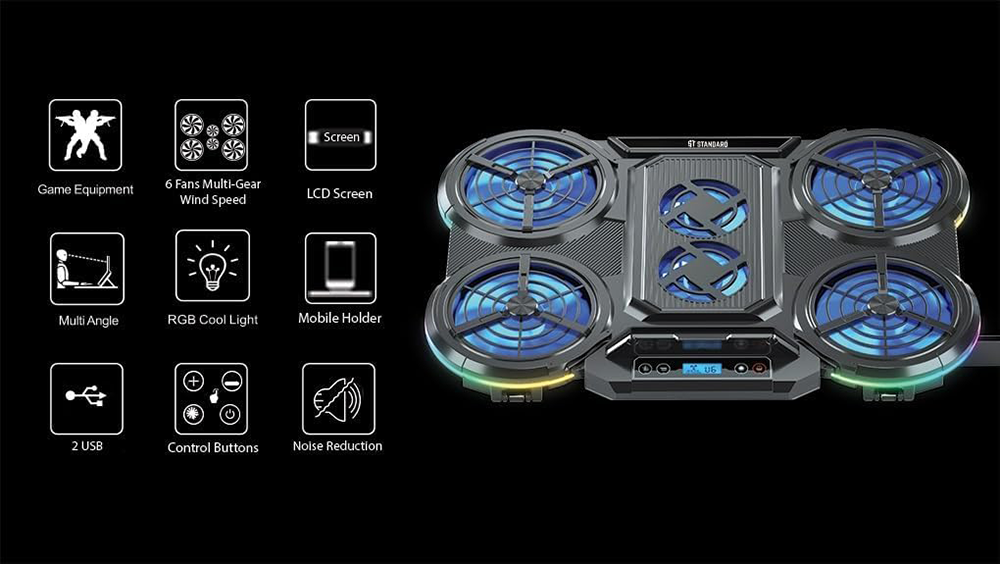 لوحة تبريد ستاندرد، 6 مراوح، متعددة السرعات، اضاءة ليد، شاشة lcd، مع حامل للهاتف، ICE-08