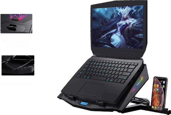 لوحة تبريد ستاندرد، 2 مروحة، متعددة السرعات، شاشة lcd، اضاءة rgb، مع حامل للهاتف، ICE-07