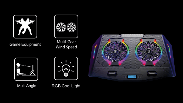 لوحة تبريد ستاندرد، 2 مروحة، متعددة السرعات، شاشة lcd، اضاءة rgb، مع حامل للهاتف، ICE-07