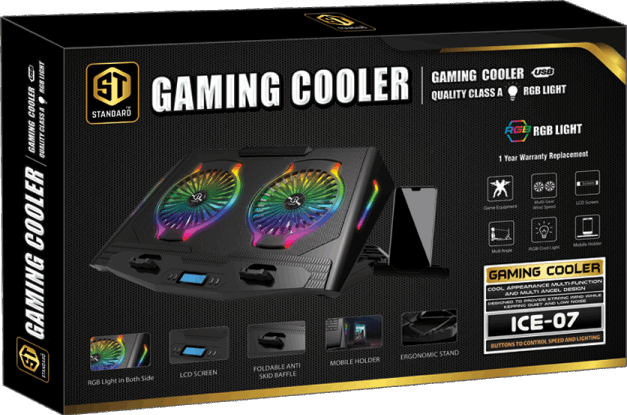 لوحة تبريد ستاندرد، 2 مروحة، متعددة السرعات، شاشة lcd، اضاءة rgb، مع حامل للهاتف، ICE-07