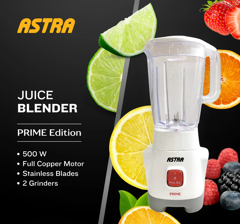Astra Electric Blender, 500 Watts, 1.7 Liter Capacity, 1 Speed, 2 Mills, White