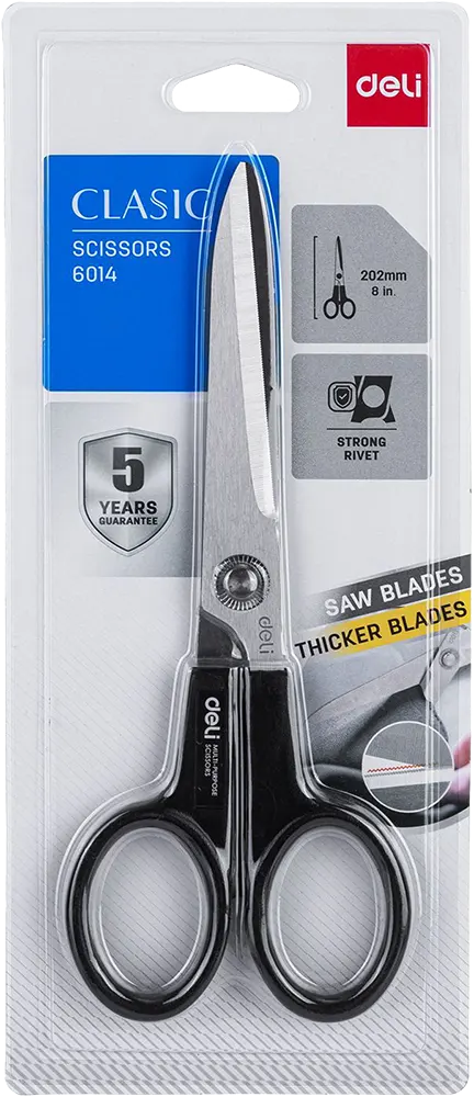 Deli Stainless Steel Scissors, Plastic Handle, Black, e6014