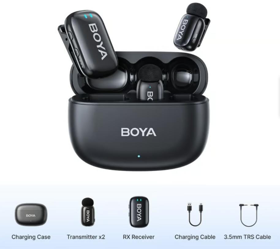 BOYA Mini Wireless Microphone, Dual Channel, Noise Cancelling, 2.4GHz Frequency, 3.5mm Receiver, Black, MINI-18