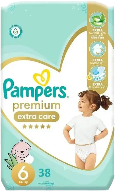 Pampers Premium Extra Care Saudi Diapers for Babies, Size 6, 13+ kg, 38 Diapers
