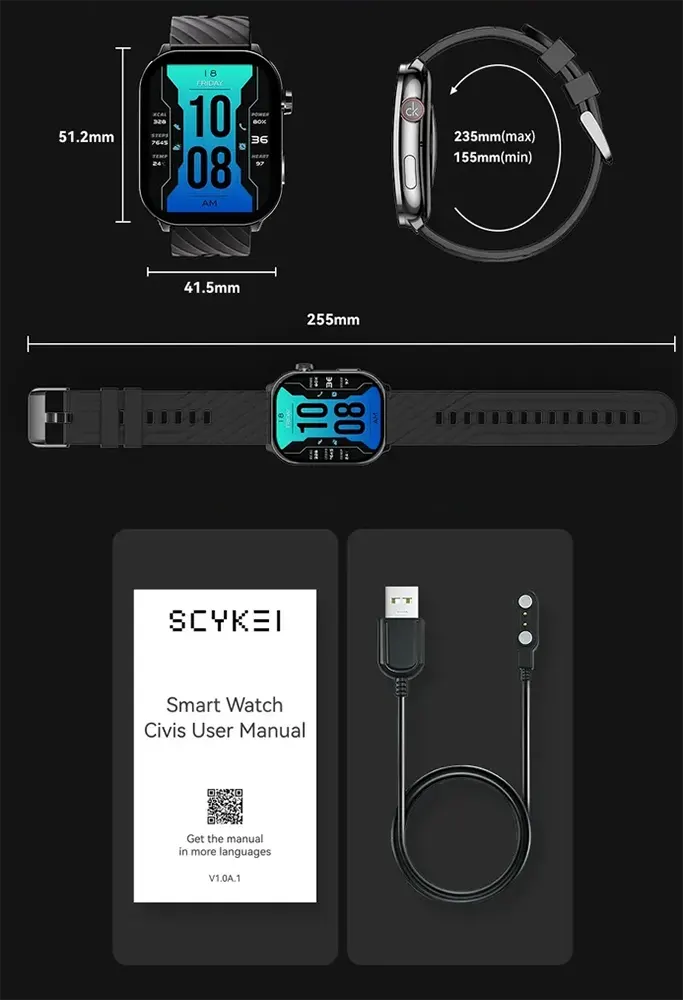 Scykei Civis Smart Watch 2.1'' AMOLED Display Bluetooth 5.3,Waterproof, Black