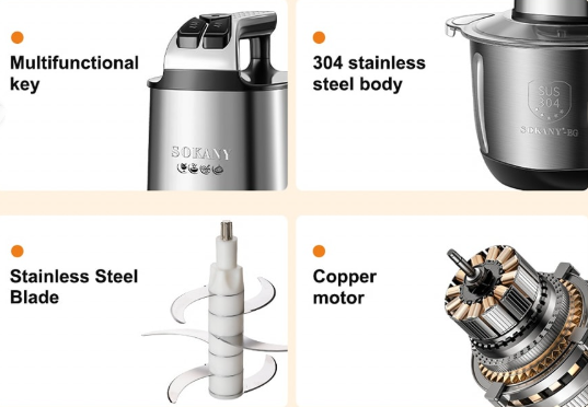 كبة تقطيع الخضروات واللحوم سوكانى ، 5.5 لتر ، 1000 وات ، شفرة اضافية، استانلس ، فضي ،SK-7077N