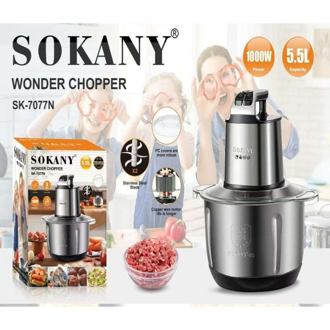 كبة تقطيع الخضروات واللحوم سوكانى ، 5.5 لتر ، 1000 وات ، شفرة اضافية، استانلس ، فضي ،SK-7077N