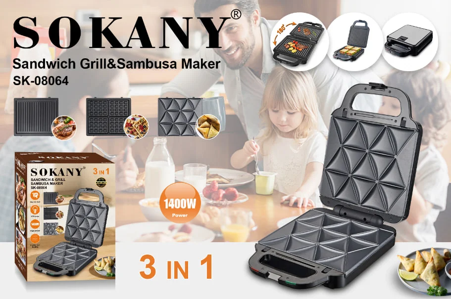 Sokany Sandwich Maker, 1400W, 3 in 1, Black, SK-08064N