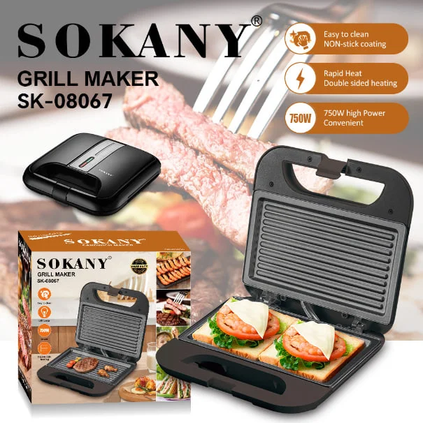 Sokany Sandwich Maker, 750 Watt, Grill, Black, SK-08067