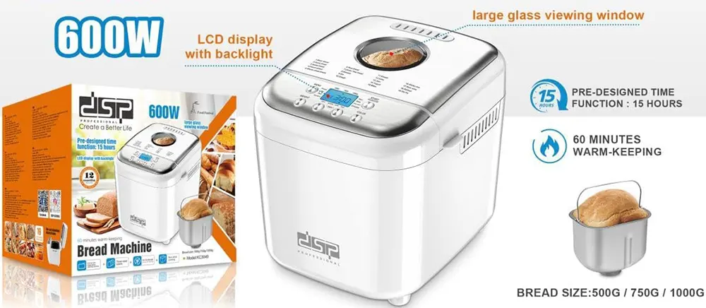 ماكينة صنع الخبز دي اس بي ، 600 وات، سعة حتى 1 كيلو ، شاشة رقمية ، ألمونيوم ، لون أبيض ، موديل KC3049