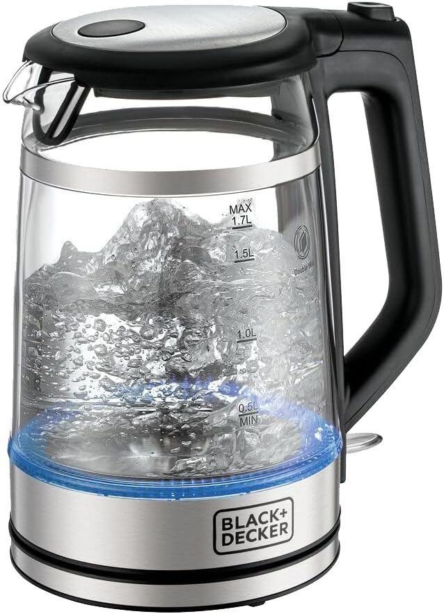 Black & Decker 2200W 1.7L Double Wall Glass Electric Kettle, Silver, GK220 (Anasia Warranty)