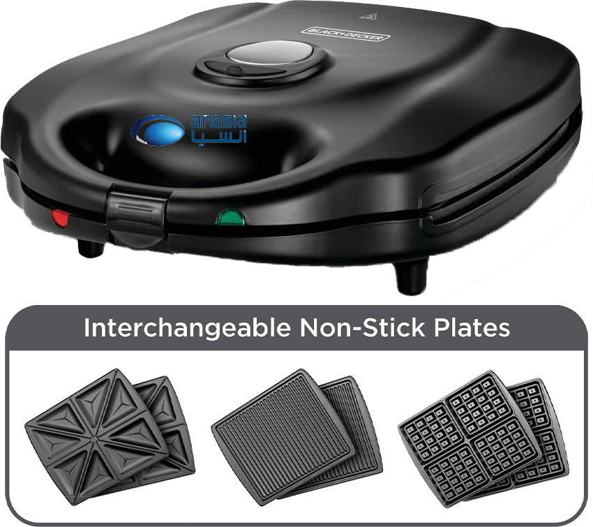 Black & Decker Sandwich and Waffle Maker, 1400 Watt, 3 in 1, Black, TS4130 (Anasia Warranty)
