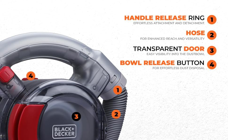 Black & Decker Handheld Vacuum Cleaner, 12V, 12.5W, 5ft Hose, Grey*Red, PD1200AV (Ansia Warranty)