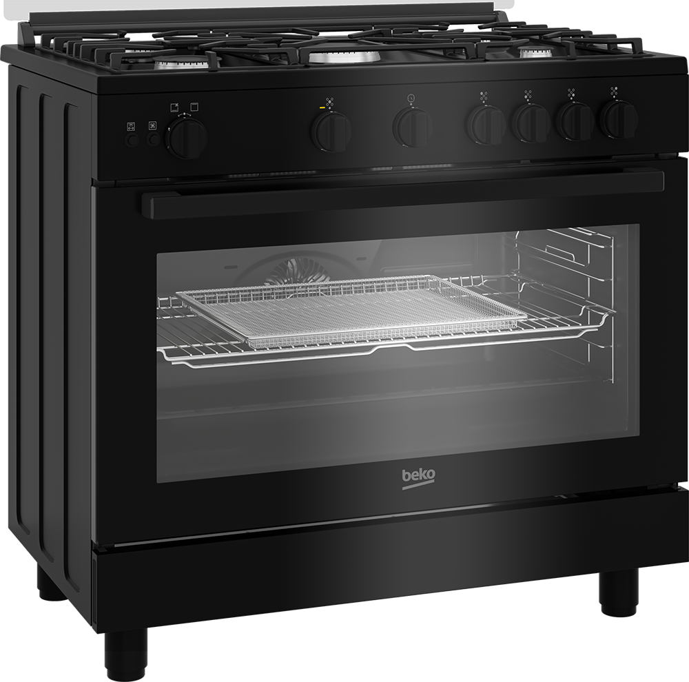Beko Gas Cooker, 5 Burners, 90 cm, Full Safety, Cast Iron Holders, Automatic Ignition, Oven Fan, Black, BGGR 11125 GB