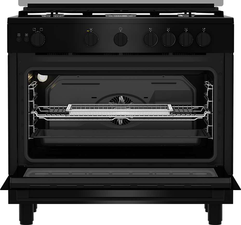 Beko Gas Cooker, 5 Burners, 90 cm, Full Safety, Cast Iron Holders, Automatic Ignition, Oven Fan, Black, BGGR 11125 GB