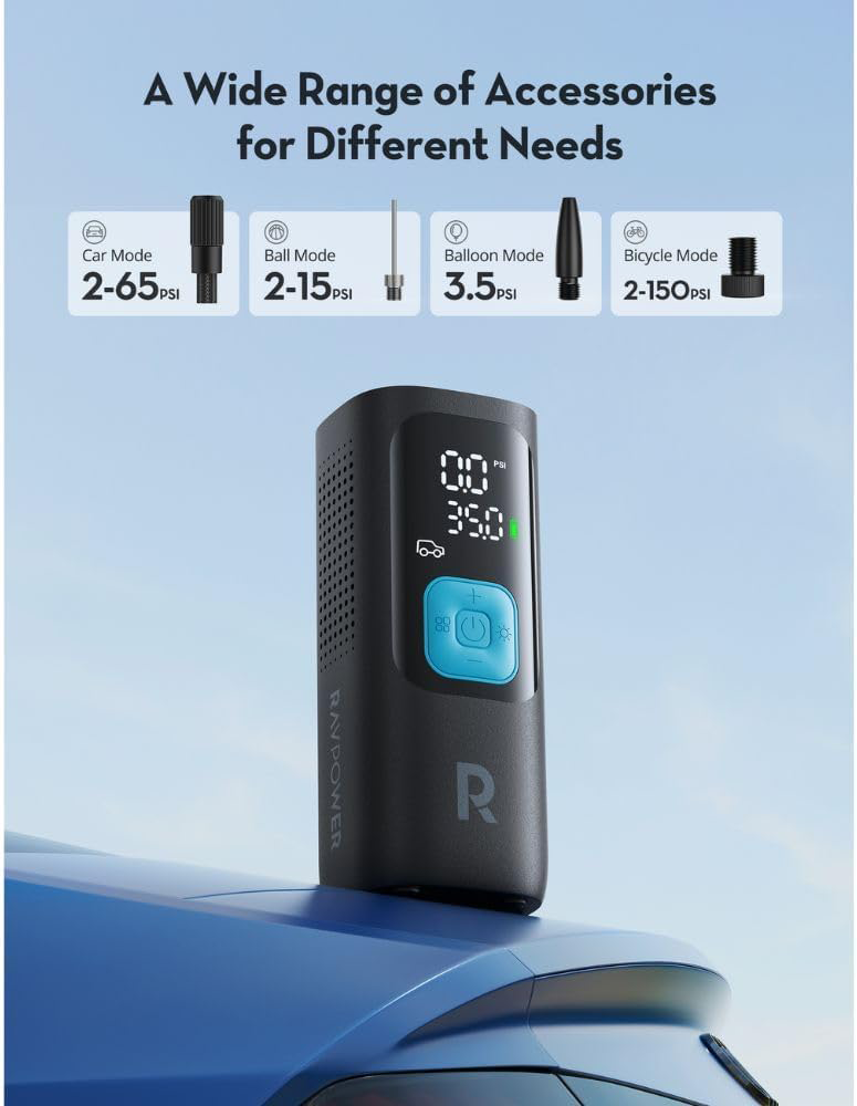 RAVPower Smart Air Compressor, 27.75W, 3-in-1, Built-in Power Bank, LED Flash, Black, RP-PB1233