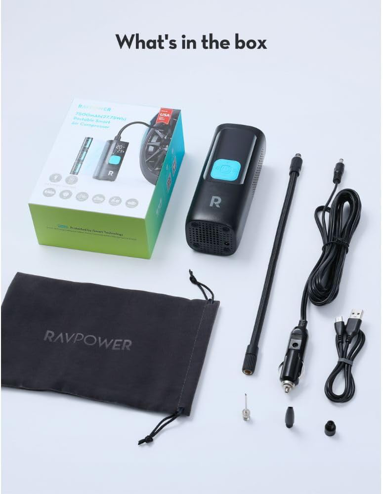 RAVPower Smart Air Compressor, 27.75W, 3-in-1, Built-in Power Bank, LED Flash, Black, RP-PB1233